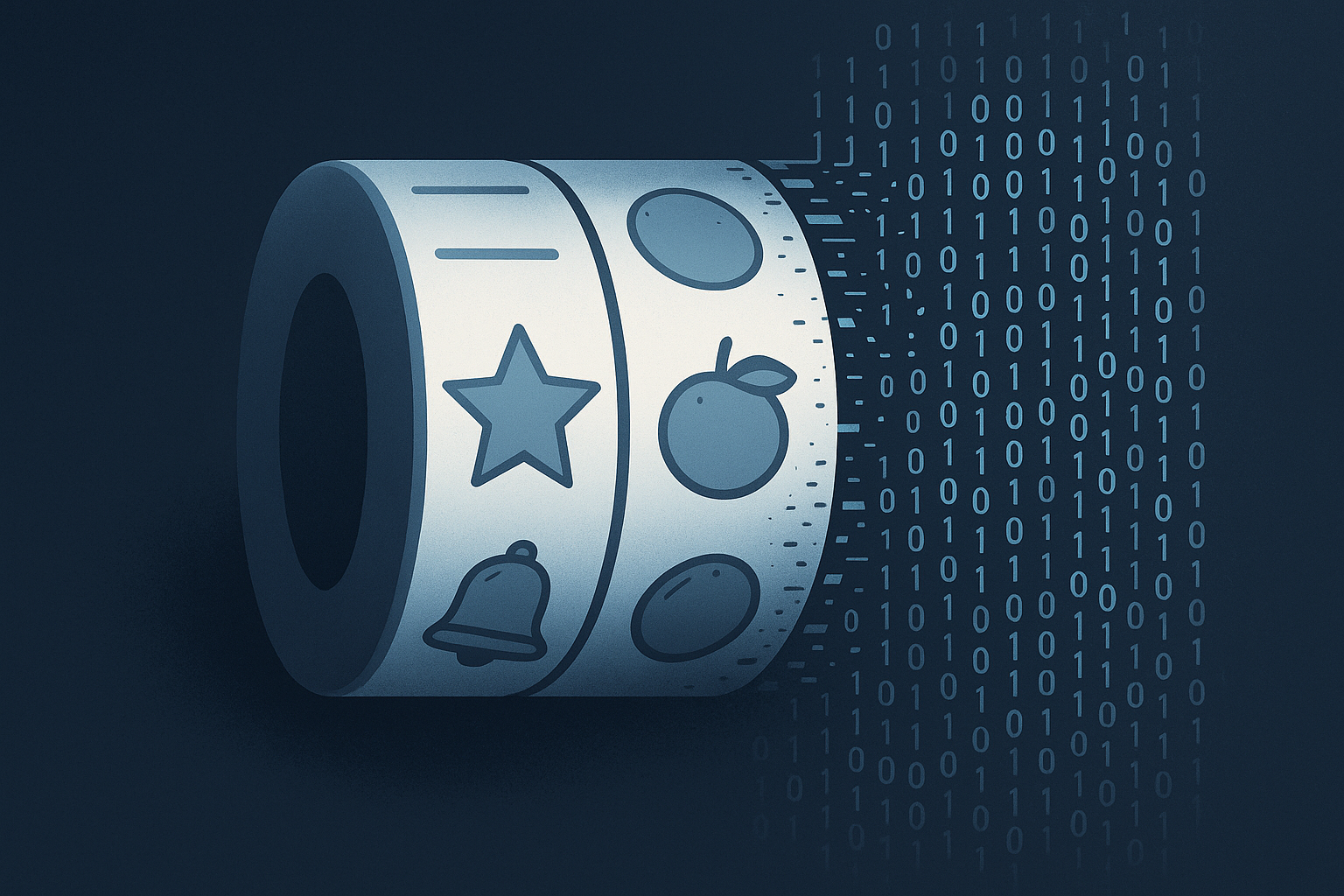 Slot machine reels dissolving into streams of random numbers, illustrating how a slot RNG works