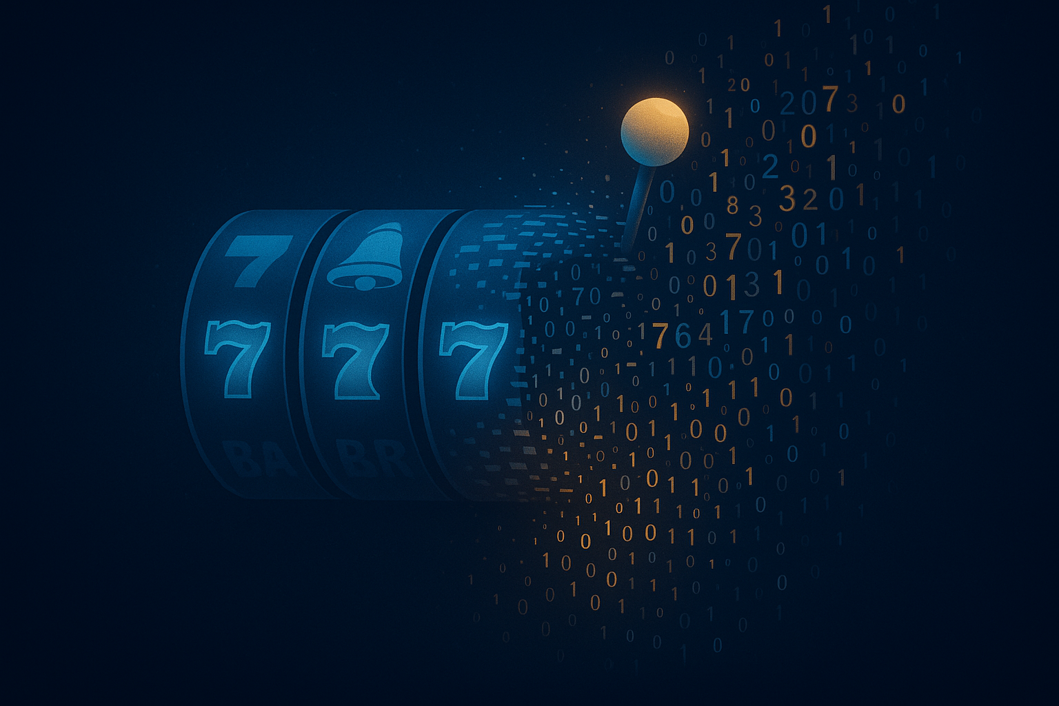Slot machine reels dissolving into streams of random numbers, illustrating how a slot RNG works