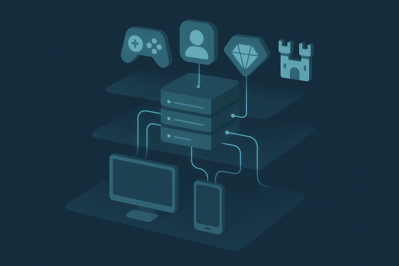 Isometric diagram showing game studios, platform layer and operators connected in the iGaming ecosystem