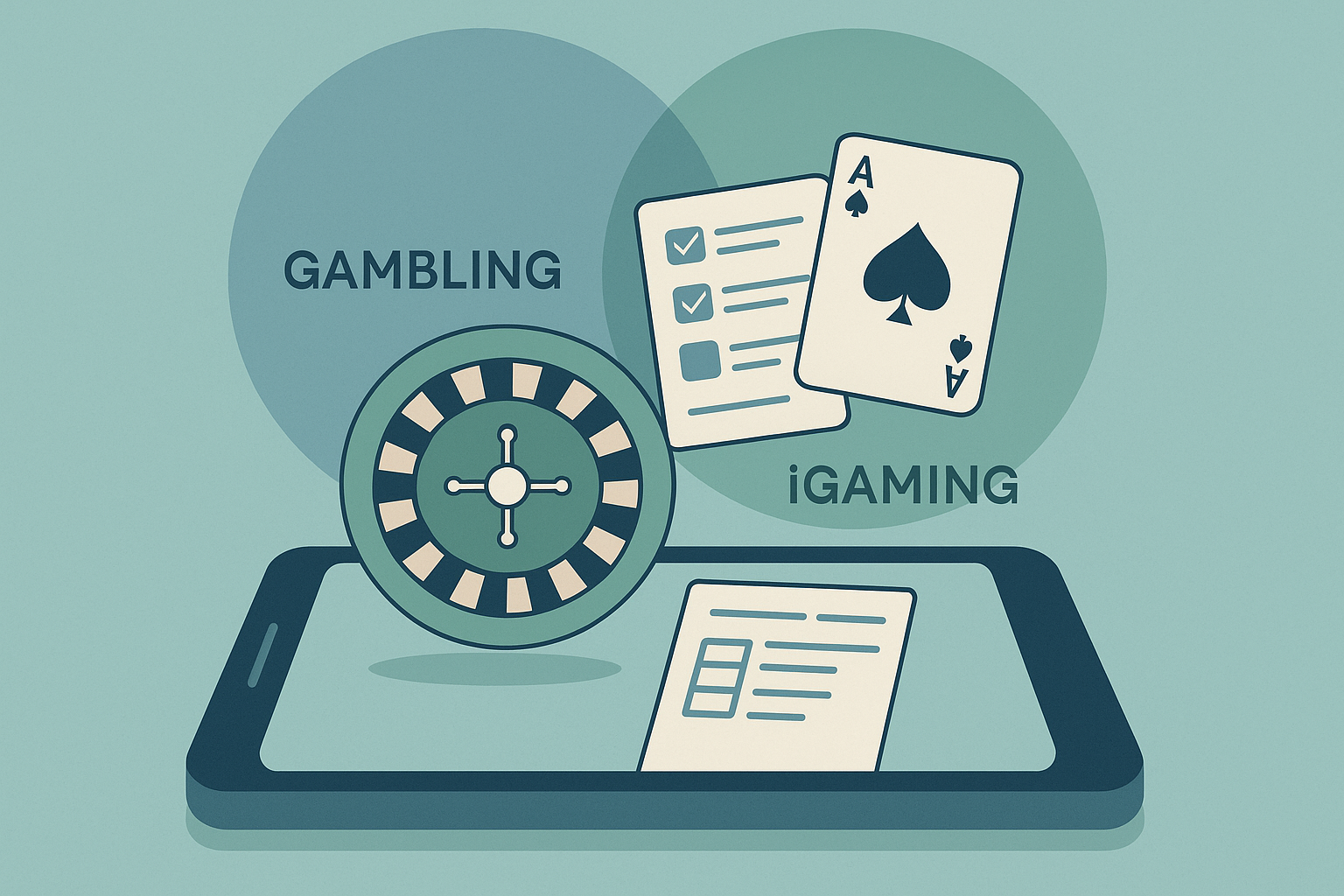 Illustration of a phone with casino, betting and card game icons beside a Venn diagram showing iGaming inside gambling