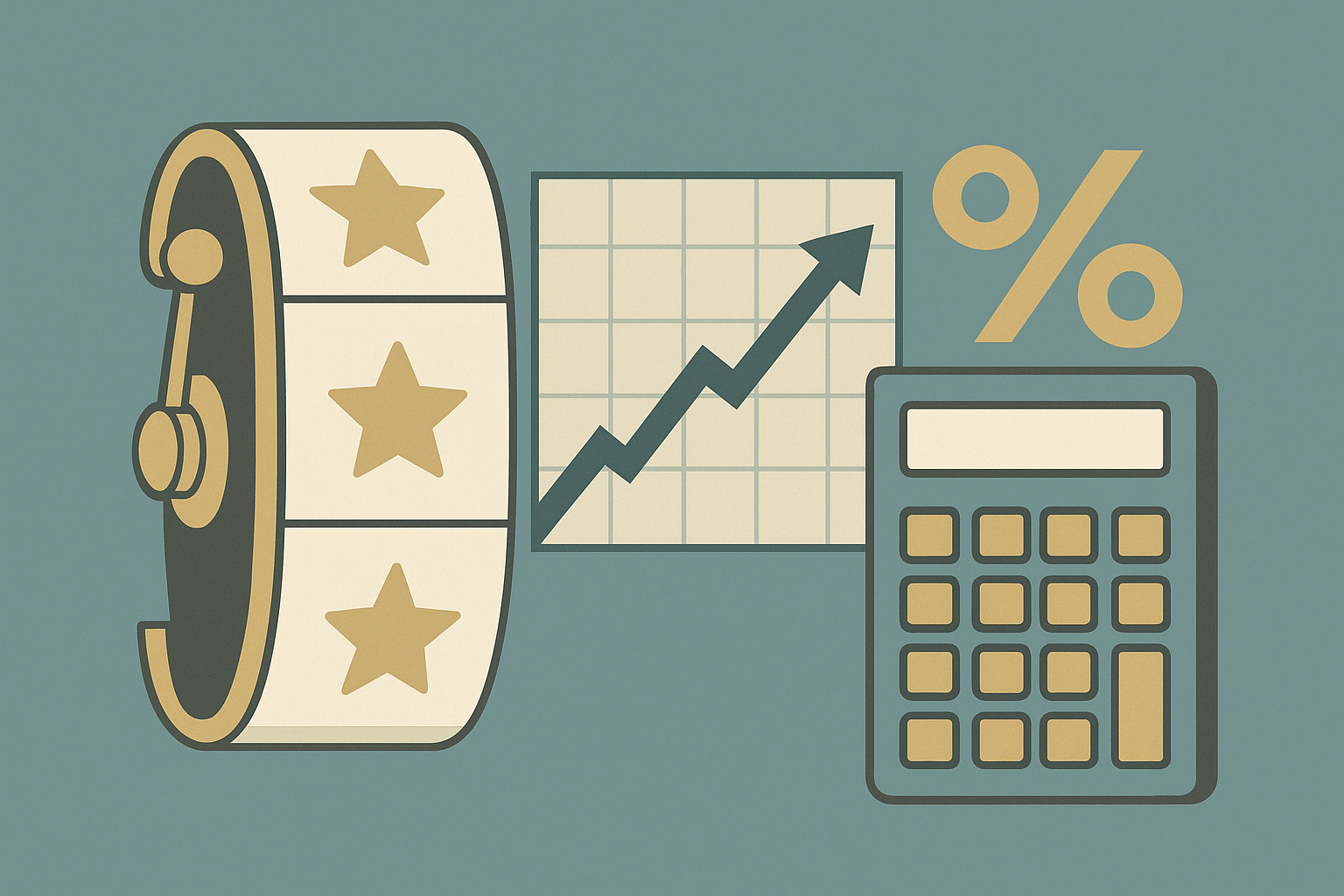Slot machine reels next to a percentage chart illustrating return-to-player math