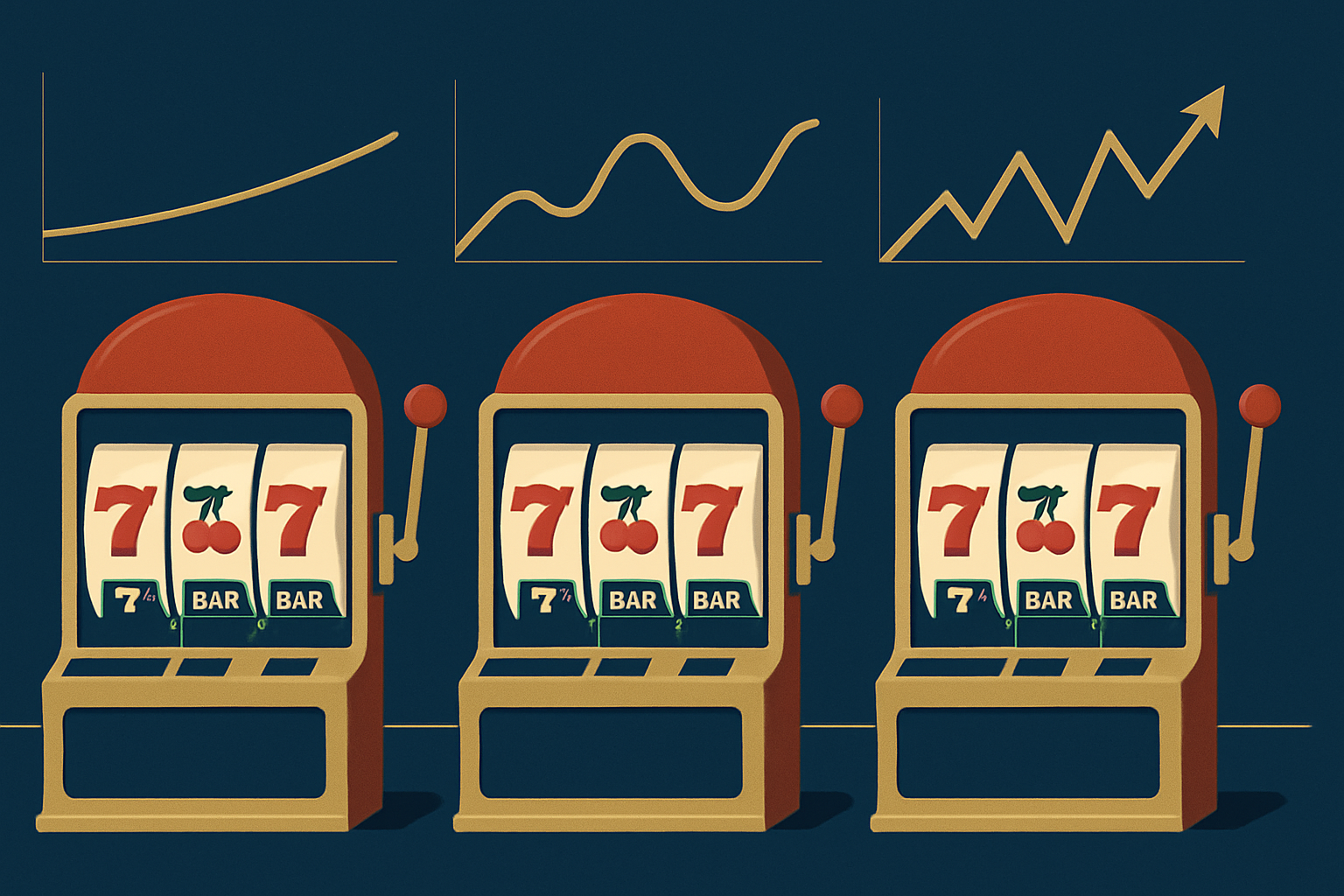 Three slot reels with low, medium and high variance win-pattern graphs above them