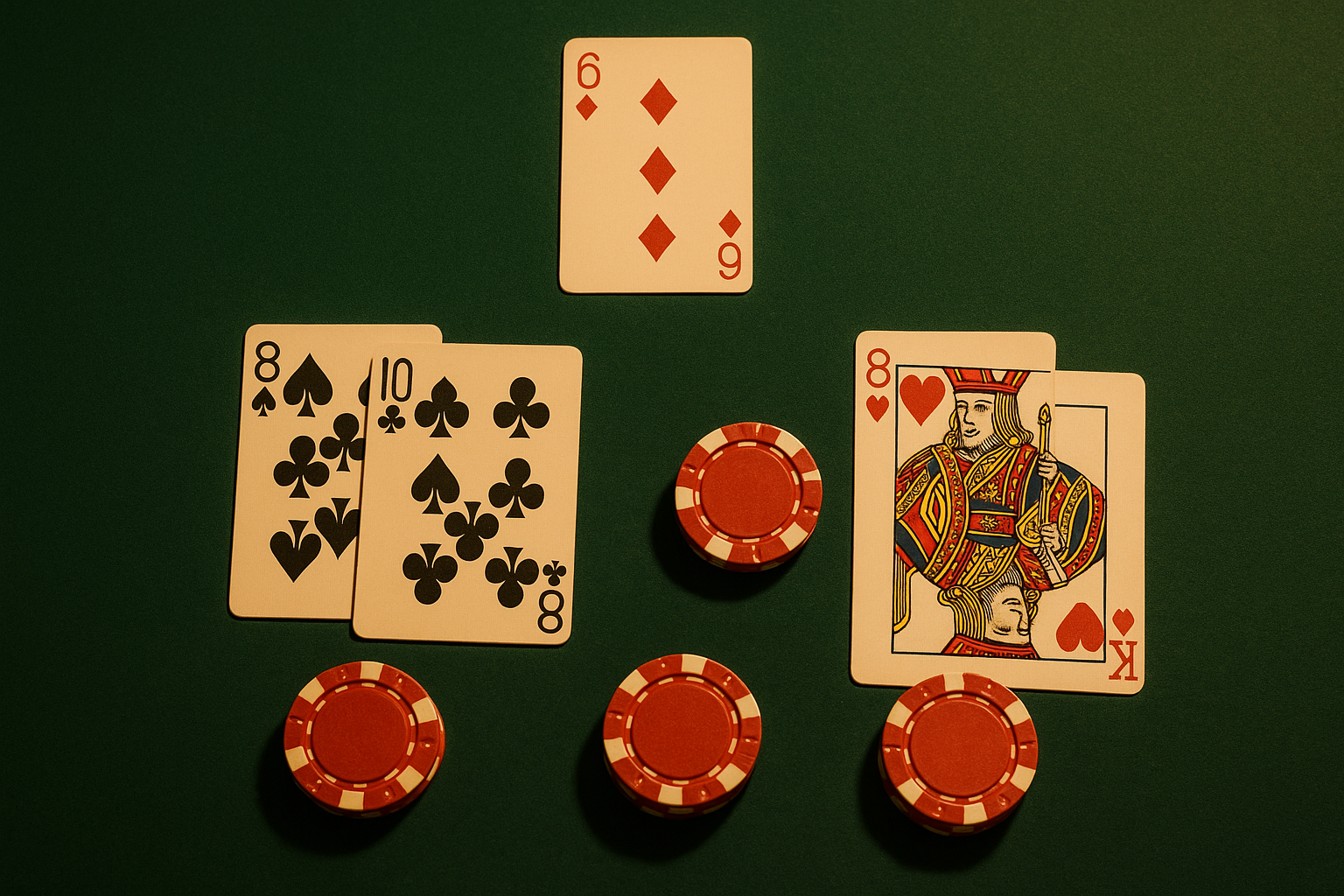 Blackjack table showing a split pair of eights with a double-down bet placed on one hand against a dealer six